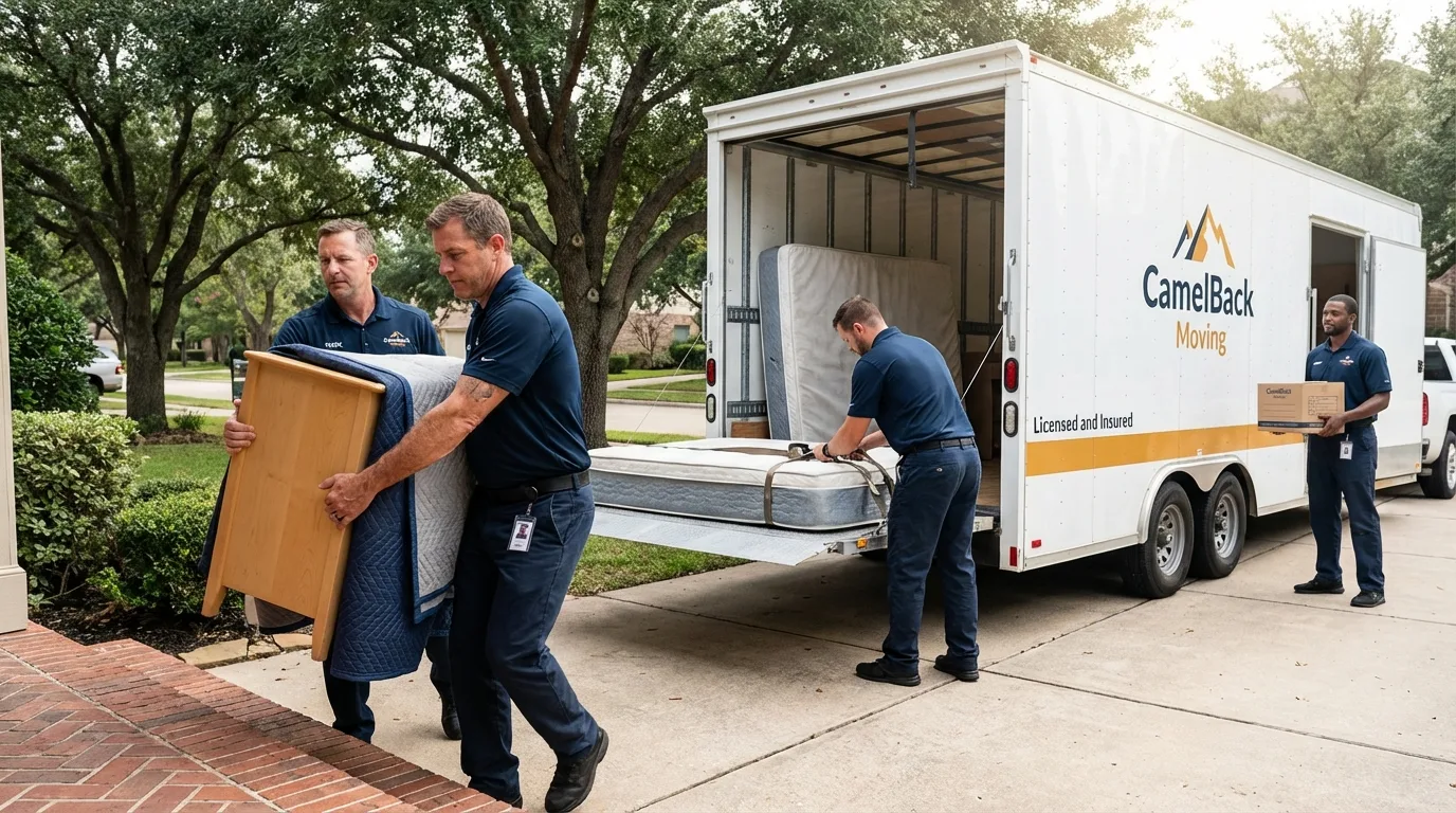 Crew loading residential truck for cross-state move from Sunland Park, NM