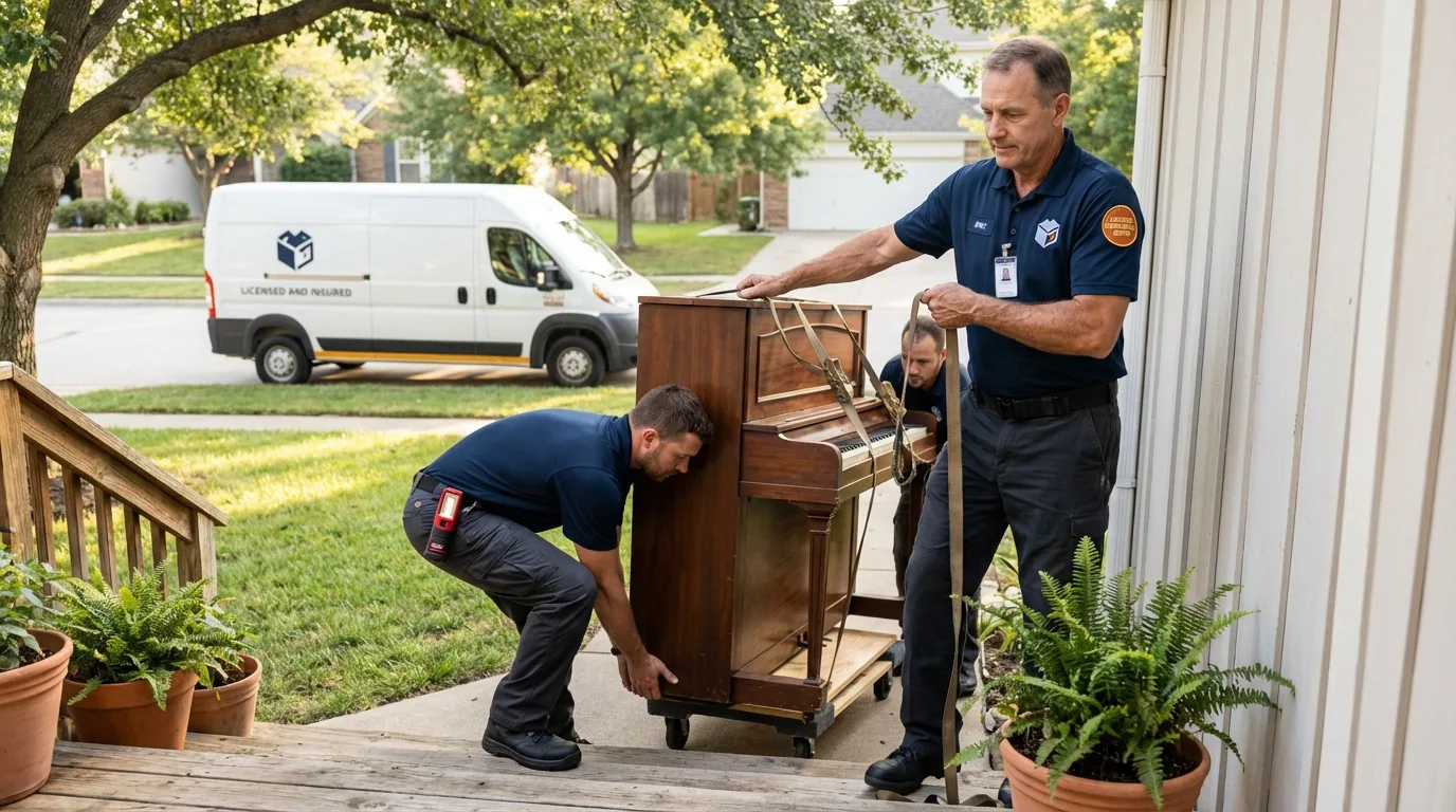 Licensed piano movers securing grand piano in Sunland Park, NM