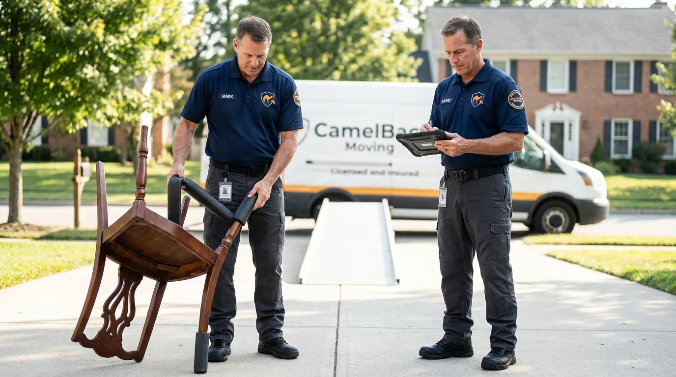 Movers inspecting furniture for damage prevention before loading in Sunland Park, NM