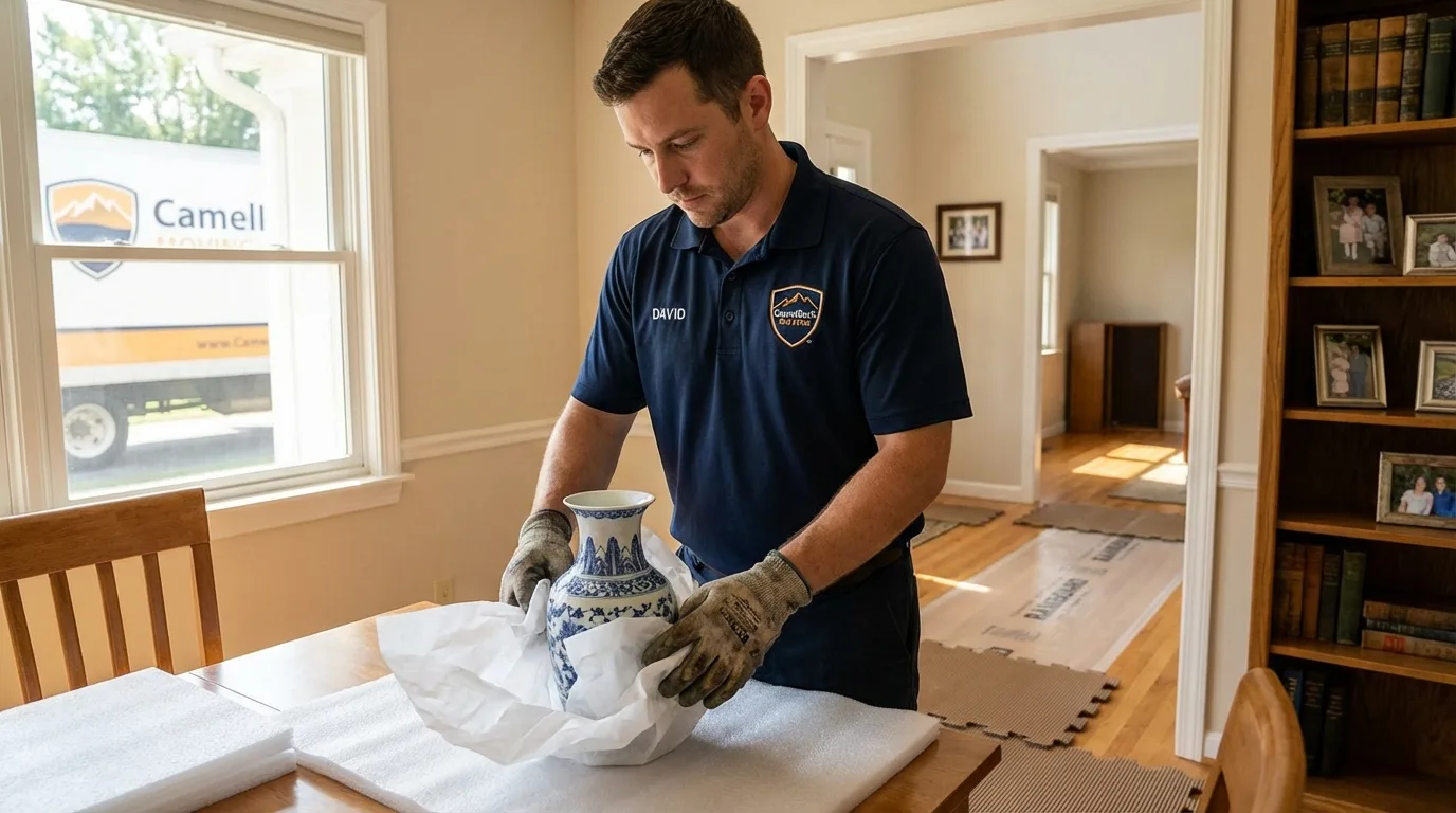 Professional crew carefully wrapping antique vase for senior downsizing move in Sunland Park, NM
